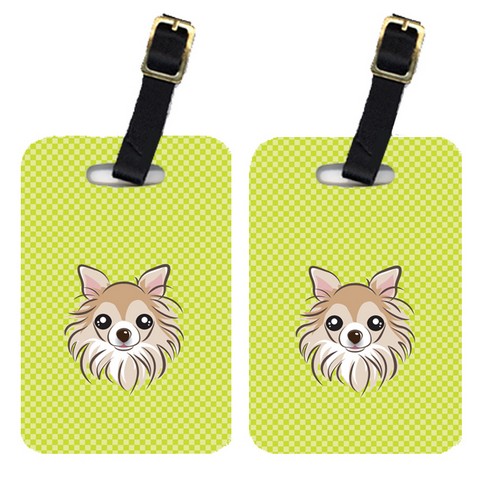 Pair Of Checkerboard Lime Green Chihuahua Luggage Tags