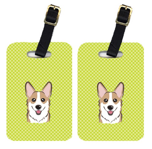 Pair Of Checkerboard Lime Green Corgi Luggage Tags