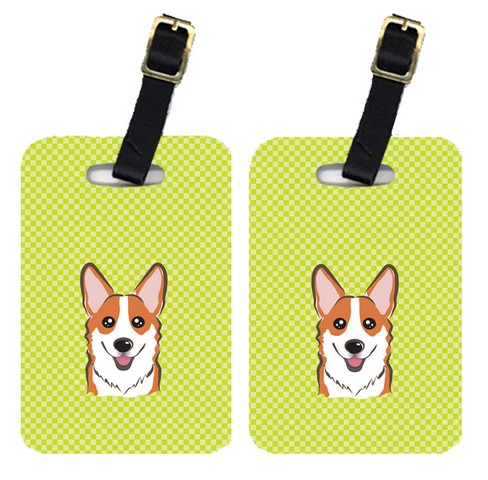 Pair Of Checkerboard Lime Green Corgi Luggage Tags