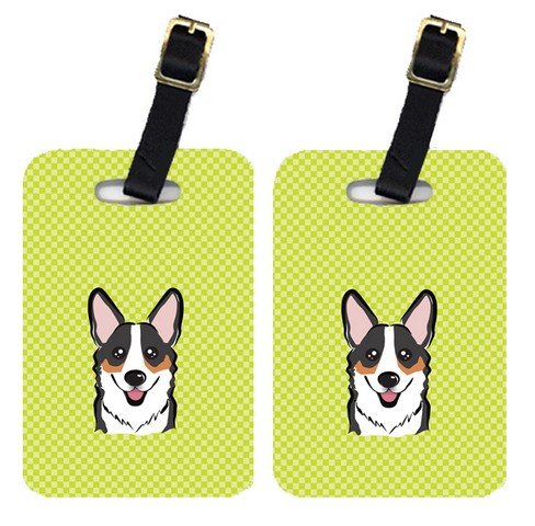 Pair Of Checkerboard Lime Green Corgi Luggage Tags