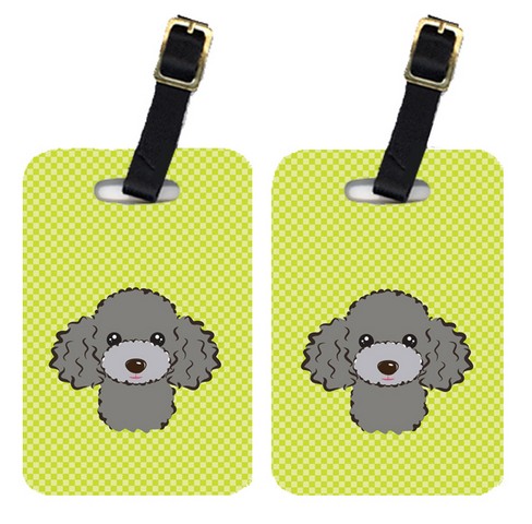Pair Of Checkerboard Lime Green Silver Gray Poodle Luggage Tags