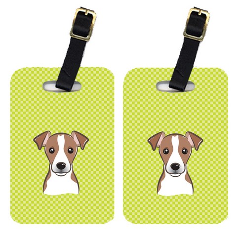 Pair Of Checkerboard Lime Green Jack Russell Terrier Luggage Tags
