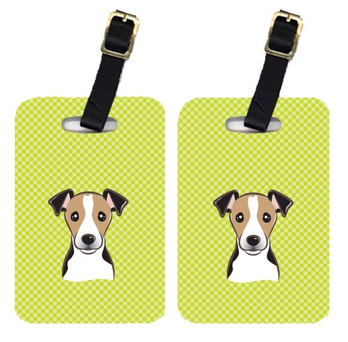 Pair Of Checkerboard Lime Green Jack Russell Terrier Luggage Tags