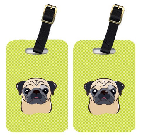 Pair Of Checkerboard Lime Green Fawn Pug Luggage Tags