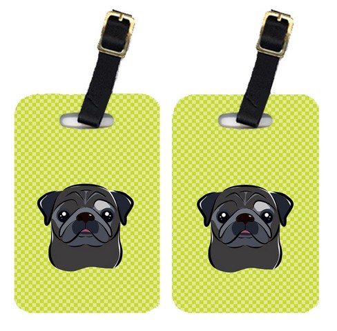 Pair Of Checkerboard Lime Green Black Pug Luggage Tags