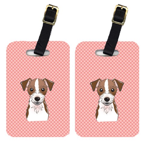 BB1202BT Pair Of Checkerboard Pink Jack Russell Terrier Luggage Tags