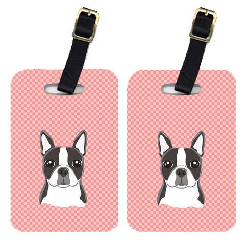 Pair Of Checkerboard Pink Boston Terrier Luggage Tags