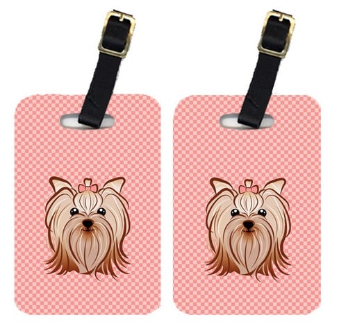 Pair Of Checkerboard Pink Yorkie Yorkishire Terrier Luggage Tags