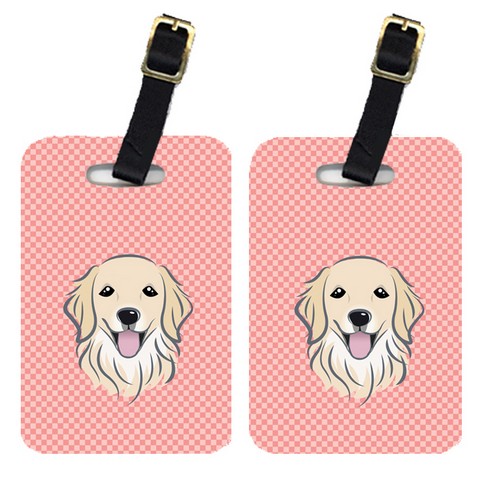 BB1205BT Pair Of Checkerboard Pink Golden Retriever Luggage Tags