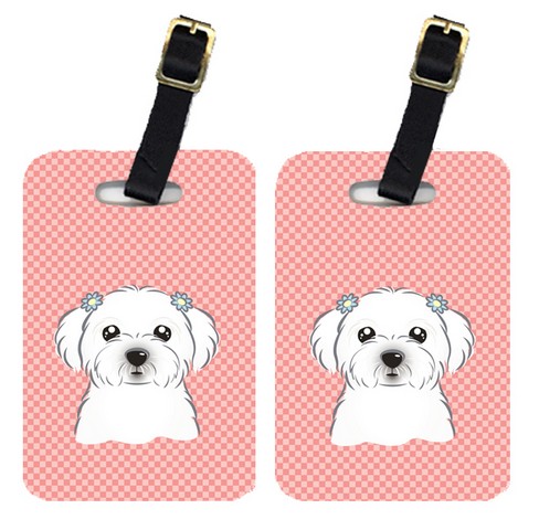 Pair Of Checkerboard Pink Maltese Luggage Tags