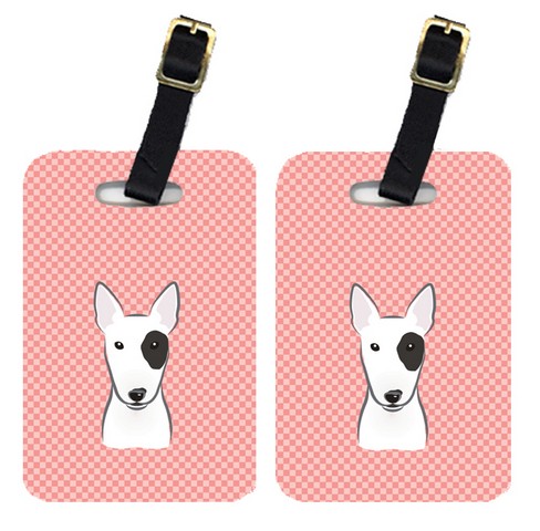 Pair Of Checkerboard Pink Bull Terrier Luggage Tags
