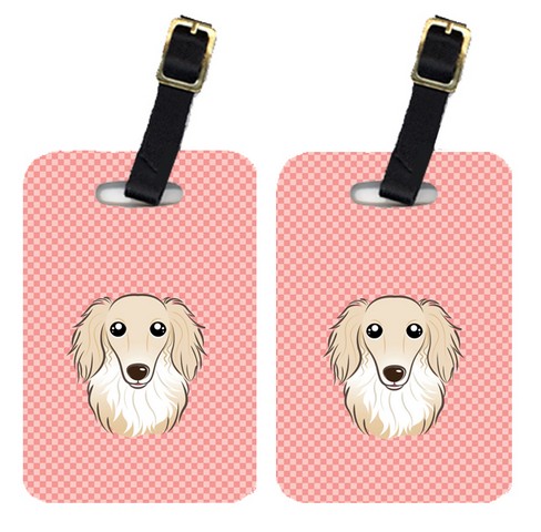 Pair Of Checkerboard Pink Longhair Creme Dachshund Luggage Tags