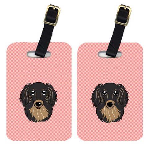 BB1213BT Pair Of Checkerboard Pink Longhair Black And Tan Dachshund Luggage Tags