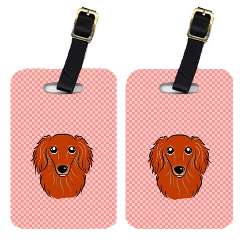 BB1214BT Pair Of Checkerboard Pink Longhair Red Dachshund Luggage Tags