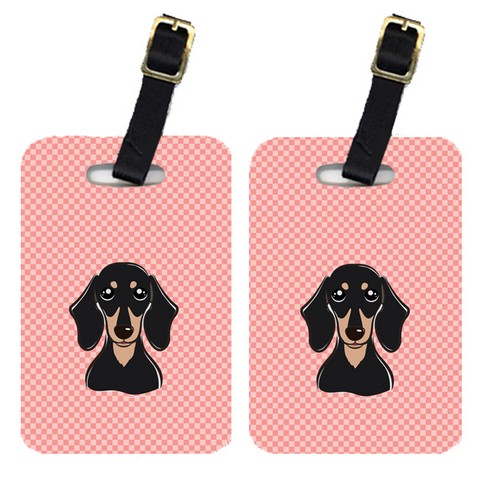 BB1215BT Pair Of Checkerboard Pink Smooth Black And Tan Dachshund Luggage Tags