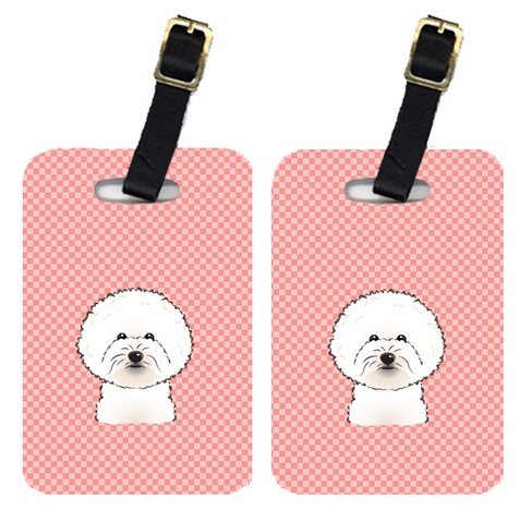 Pair Of Checkerboard Pink Bichon Frise Luggage Tags