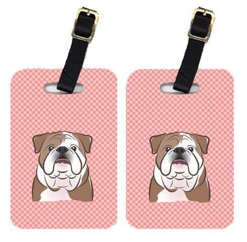 BB1219BT Pair Of Checkerboard Pink English Bulldog Luggage Tags