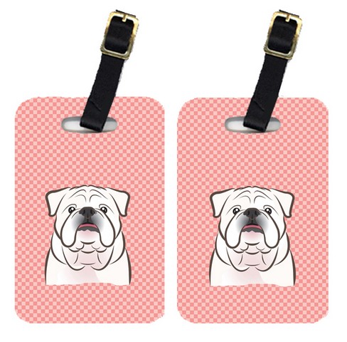Pair Of Checkerboard Pink White English Bulldog Luggage Tags