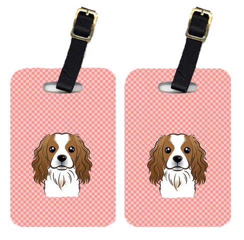 BB1224BT Pair Of Checkerboard Pink Cavalier Spaniel Luggage Tags