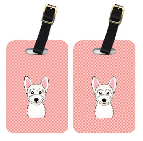 Pair Of Checkerboard Pink Westie Luggage Tags