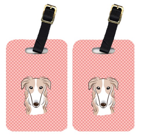 BB1228BT Pair Of Checkerboard Pink Borzoi Luggage Tags