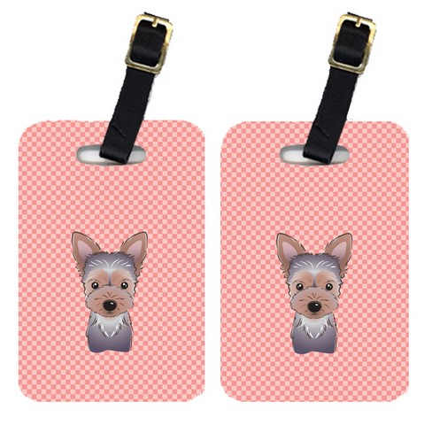 Carolines Treasures BB1232BT Pair Of Checkerboard Pink Yorkie Puppy Luggage Tags
