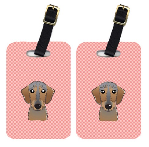 BB1233BT Pair Of Checkerboard Pink Wirehaired Dachshund Luggage Tags