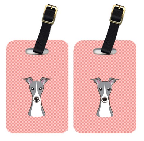 BB1236BT Pair Of Checkerboard Pink Italian Greyhound Luggage Tags