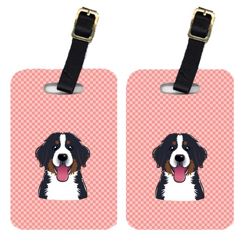 BB1237BT Pair Of Checkerboard Pink Bernese Mountain Dog Luggage Tags