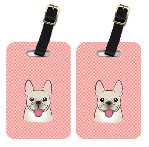 BB1238BT Pair Of Checkerboard Pink French Bulldog Luggage Tags