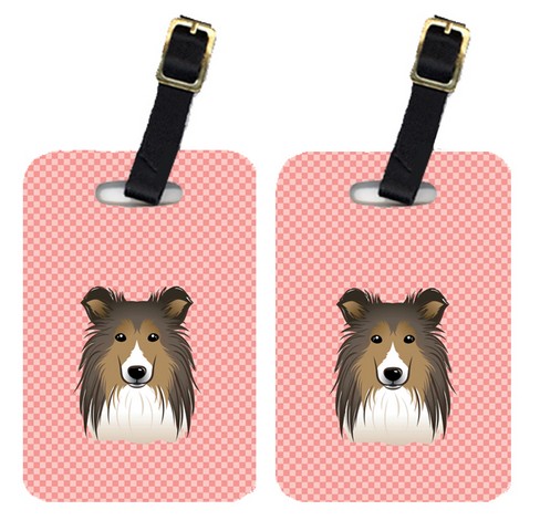 BB1242BT Pair Of Checkerboard Pink Sheltie Luggage Tags