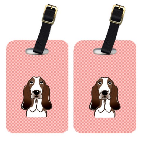 BB1243BT Pair Of Checkerboard Pink Basset Hound Luggage Tags