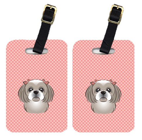 Pair Of Checkerboard Pink Gray Silver Shih Tzu Luggage Tags