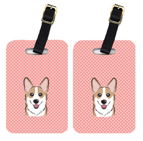 BB1253BT Pair Of Checkerboard Pink Corgi Luggage Tags