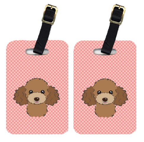 BB1256BT Pair Of Checkerboard Pink Chocolate Brown Poodle Luggage Tags