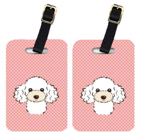BB1257BT Pair Of Checkerboard Pink White Poodle Luggage Tags