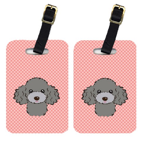 BB1259BT Pair Of Checkerboard Pink Silver Gray Poodle Luggage Tags