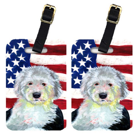 LH9035BT Pair Of USA American Flag With Old English Sheepdog Luggage Tags