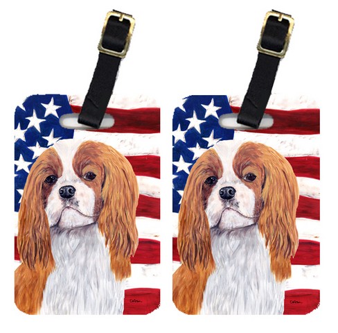 Pair Of USA American Flag With Cavalier Spaniel Luggage Tags