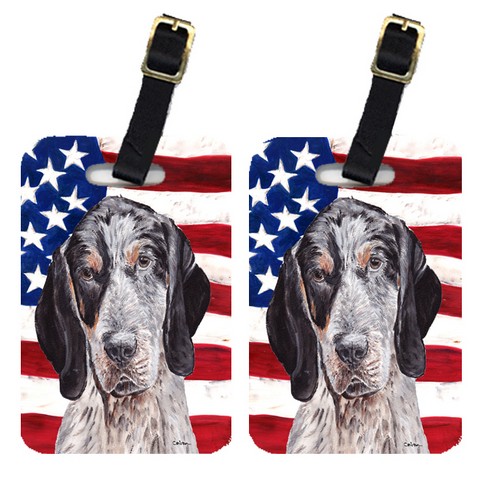 SC9625BT Pair Of Blue Tick Coonhound With American Flag Usa Luggage Tags