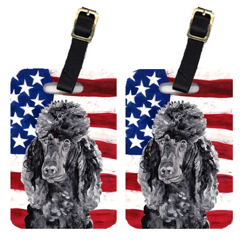 SC9626BT Pair Of Black Standard Poodle With American Flag Usa Luggage Tags