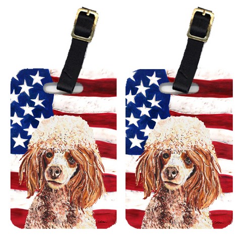 SC9627BT Pair Of Red Miniature Poodle With American Flag Usa Luggage Tags