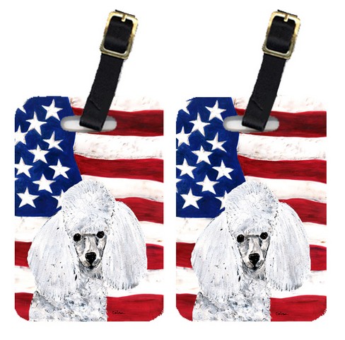 Pair Of White Toy Poodle With American Flag Usa Luggage Tags