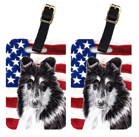 SC9630BT Pair Of Black And White Collie With American Flag Usa Luggage Tags