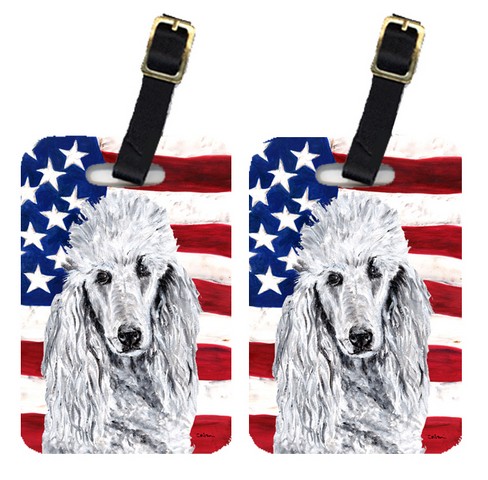 Pair Of White Standard Poodle With American Flag USA Luggage Tags