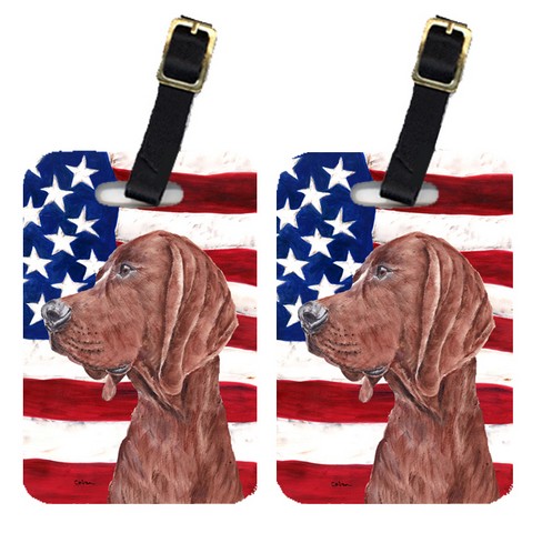 SC9635BT Pair Of Redbone Coonhound With American Flag Usa Luggage Tags
