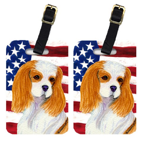 Pair Of USA American Flag With Cavalier Spaniel Luggage Tags