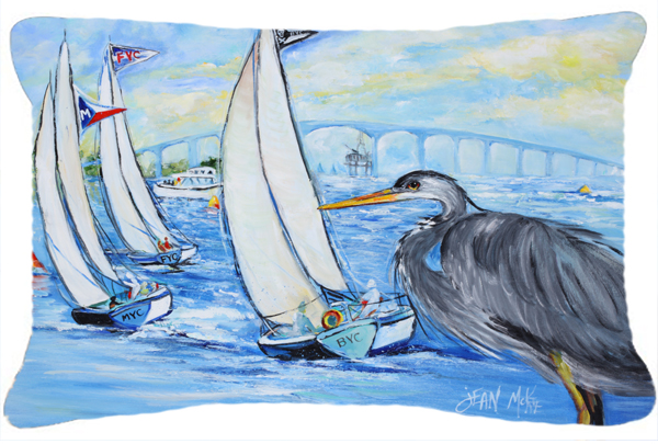Blue Heron Sailboats Dog River Bridge Canvas Fabric Decorative Pillow