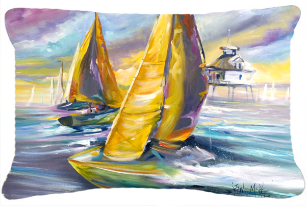 Sailboat With Middle Bay Lighthouse Canvas Fabric Decorative Pillow