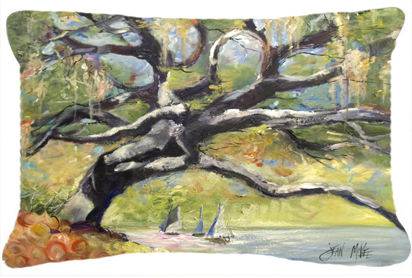 Oak Tree On The Bay With Sailboats Canvas Fabric Decorative Pillow